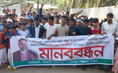 বরগুনায় প্রধান শিক্ষক ইউসুফ আলীর অপসারণের দাবিতে মানববন্ধন 