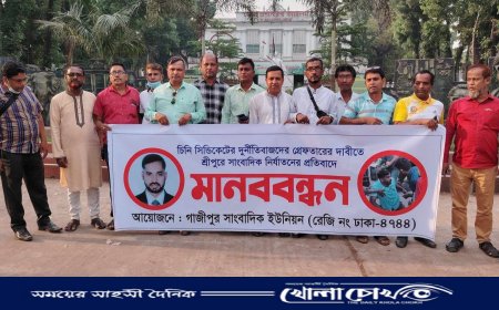 শ্রীপুরে সাংবাদিক নির্যাতনের বিরুদ্ধে গাজীপুরে মানববন্ধন