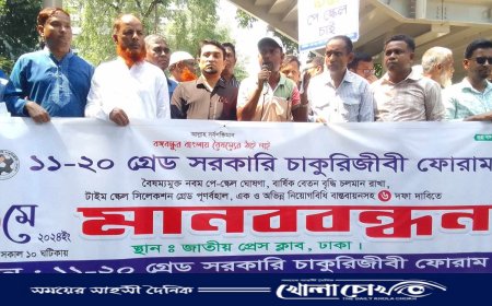 জাতীয় প্রেসক্লাবের সামনে নিম্নগ্রেডের সরকারি কর্মচারিদের মানববন্ধন, ৬ দফা দাবি