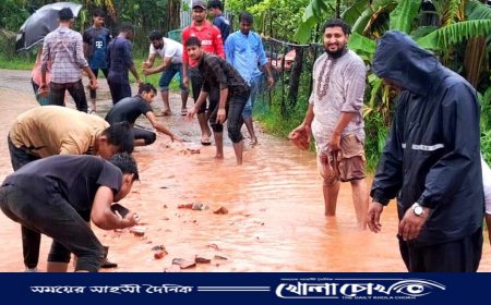 সুবর্ণচরে ভাঙা সড়ক মেরামতে সাধারণ শিক্ষার্থীরা