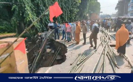 মাগুরায় হটাৎ বৃষ্টিতে ভেঙে পড়ল ব্রিজ সংলগ্ন রাস্তা, চরম ঝুঁকিতে যানবাহন চলাচল 