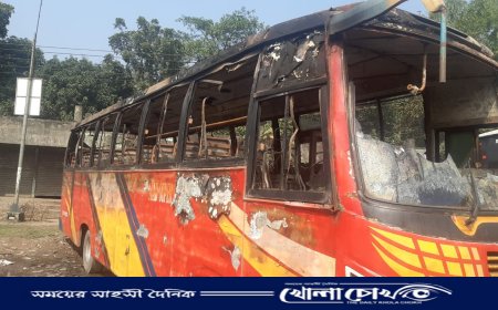 ফরিদপুরে টার্মিনালে রাখা বাসে গভীর রাতে আগুন দিয়েছে দূর্বৃত্তরা