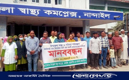 নান্দাইলে উপজেলা স্বাস্থ্য ও প.প. কর্মকর্তার বদলি প্রত্যাহারের দাবিতে মাননবন্ধন