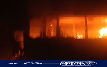 ফরিদপুরের করিমপুরে দুর্ঘটনায় জব্দকৃত বাসে আগুন
