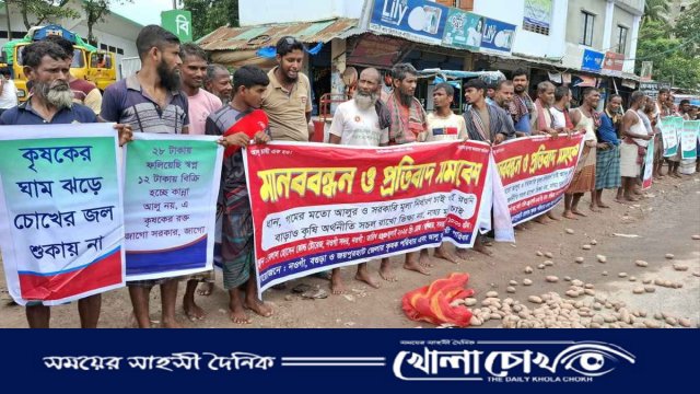 আলুর ন্যায্য মূল্য নির্ধারণের দাবিতে নওগাঁয় আলু চাষিদের মানববন্ধন