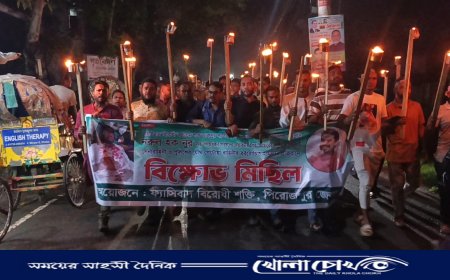 পিরোজপুরে ভিপি নুরের ওপর হামলার প্রতিবাদে মশাল মিছিল