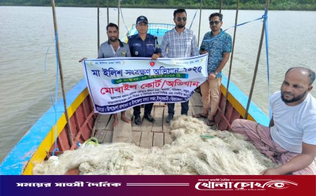 পিরোজপুরে মা ইলিশ রক্ষায় মোবাইল কোর্টের অভিযানে  মাছ ও জাল জব্দ