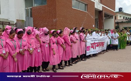 নার্সিং প্রশাসন একীভূতকরণের প্রতিবাদে পিরোজপুরে মানববন্ধন