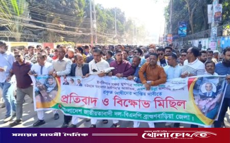 ব্রাহ্মণবাড়িয়ায় বিএনপির বিশাল বিক্ষোভ মিছিল শরিফ ওসমান হাদিকে গুলি করার ঘটনায় তীব্র প্রতিবাদ