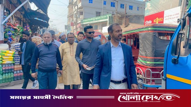 বালিগাঁও বাজারে শাপলা প্রতীকের প্রার্থী মাজেদুল ইসলামের ব্যাপক গণসংযোগ