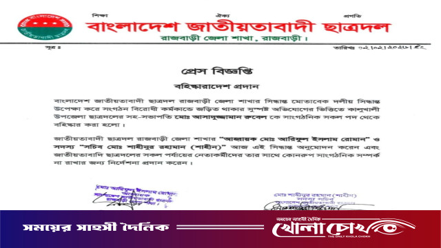 রাজবাড়ীতে ছাত্রদলের সহ-সভাপতি আসাদুজ্জামান রুবেল বহিস্কার