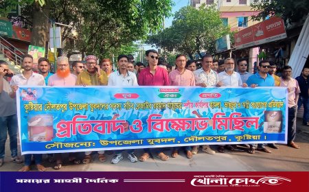 দৌলতপুরে যুবদল নেতার কার্যালয়ে ভাঙচুর ও অগ্নিসংযোগের প্রতিবাদে বিক্ষোভ মিছিল