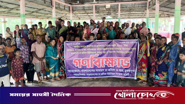 দৈনিক মজুরি ৫০০ টাকার দাবিতে শ্রীমঙ্গলে চা-শ্রমিকদের বিক্ষোভ