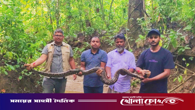 কাপ্তাইয়ে লোকালয় থেকে উদ্ধার হওয়া ১০ ফুটের অজগর অবমুক্ত