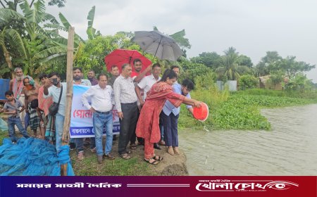 নগরকান্দার জগদিয়া বালিয়া বিলে পোনা মাছ অবমুক্ত করেন উপজেলা নির্বাহী কর্মকর্তা রেজওয়ানা আফরিন