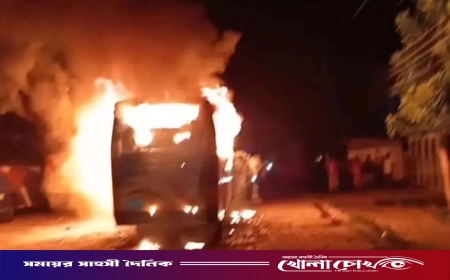 দৌলতদিয়া বাস টার্মিনালে পার্কিং করা বাসে আগুন