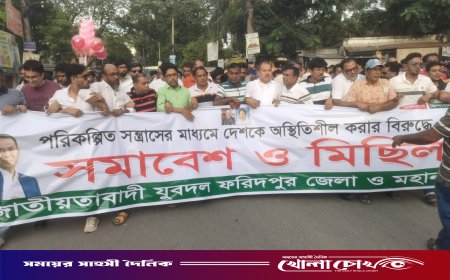 পরিকল্পিত সন্ত্রাস ও অরাজকতার প্রতিবাদে ফরিদপুরে যুবদলের বিক্ষোভ